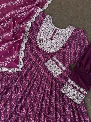 Wine Digital Printed and Embroidery Work Georgette Anarkali Gown
