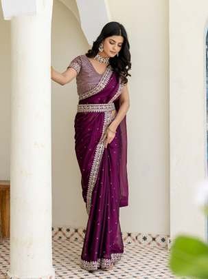 Wine Elegant Kasturi Silk Saree with Sequins & Thread Work