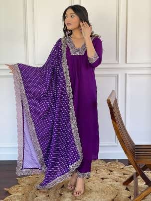 Wine Embroidered Viscose Flared Three Piece Kurtis Set