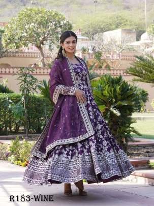 Wine Embroidered Viscose Stitched Gown With Sequence Work