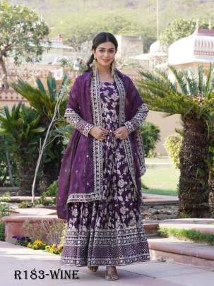 Wine Embroidered Viscose Stitched Gown With Sequence Work