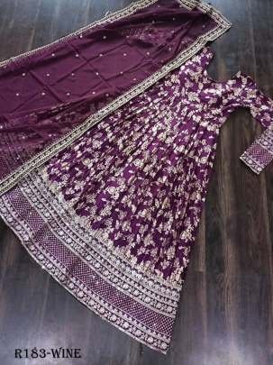 Wine Embroidered Viscose Stitched Gown With Sequence Work
