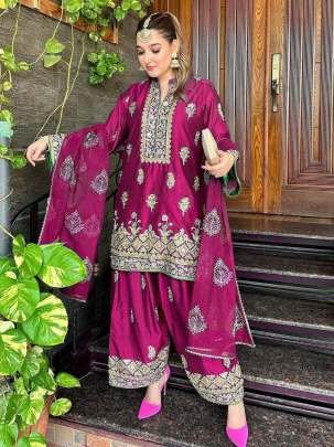 Wine Embroidery Chinon Silk Sequence Kurti Palazzo Set
