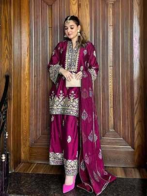 Wine Embroidery Chinon Silk Sequence Kurti Palazzo Set