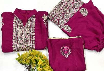 Wine Embroidery Chinon Silk Sequence Kurti Palazzo Set