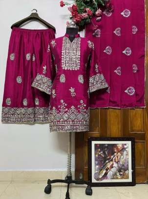 Wine Embroidery Chinon Silk Sequence Kurti Palazzo Set