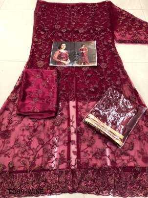 Wine Embroidery Work Vaishnavi Net Suit Set