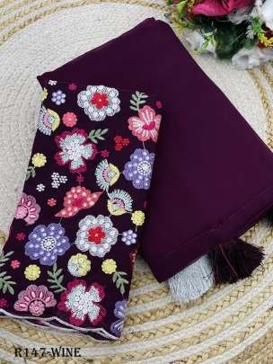 Wine Faux Georgette Saree With 3D Embroidered Blouse