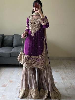 Wine Faux Georgette Sharara Suit