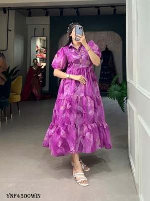 Wine Floral Printed Chiffon Western Frock