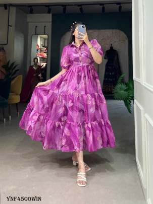 Wine Floral Printed Chiffon Western Frock