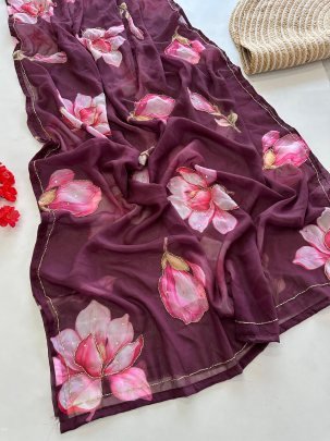 Wine Flower Printed And Handwork Soft Georgette Saree With Silk Blouse
