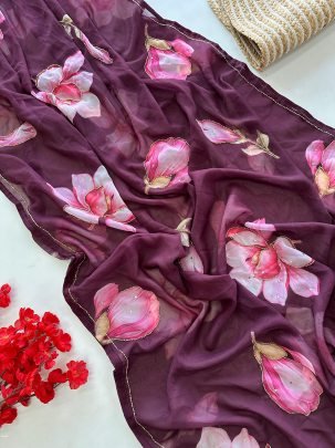 Wine Flower Printed And Handwork Soft Georgette Saree With Silk Blouse