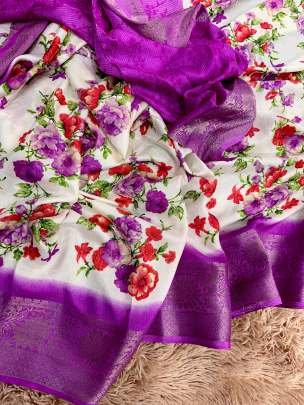 Wine Flower Printed Dola Silk Saree With Jacquard Border