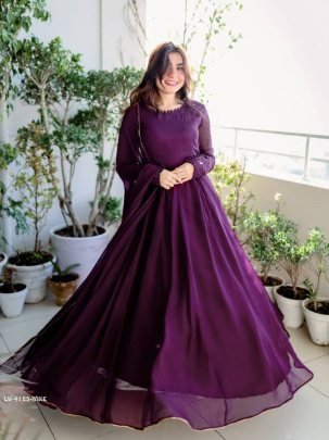 Wine Full Cuff Sleeve Sequins Embroidered Gown With Lace Border