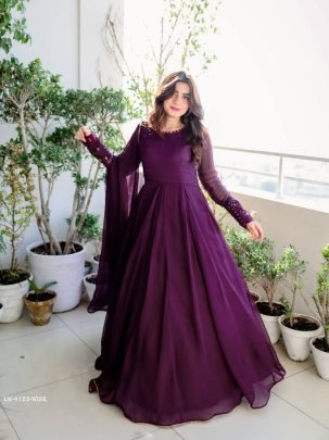 Wine Full Cuff Sleeve Sequins Embroidered Gown With Lace Border