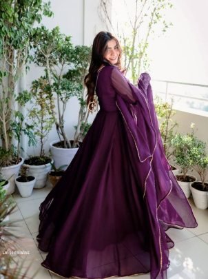 Wine Full Cuff Sleeve Sequins Embroidered Gown With Lace Border