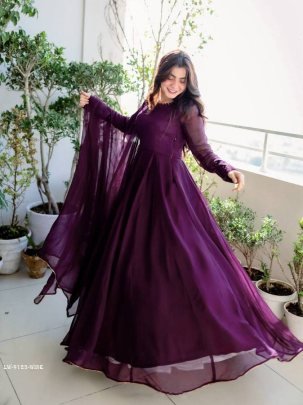 Wine Full Cuff Sleeve Sequins Embroidered Gown With Lace Border