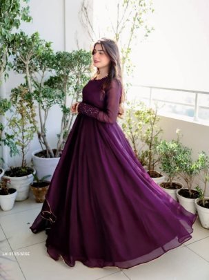 Wine Full Cuff Sleeve Sequins Embroidered Gown With Lace Border