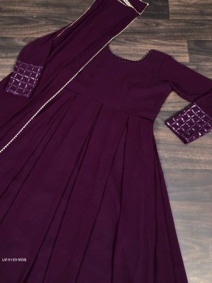 Wine Full Cuff Sleeve Sequins Embroidered Gown With Lace Border