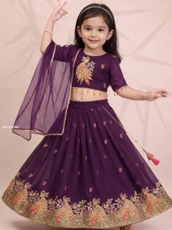 Wine Georgette Embroidered Lehenga For Kids 