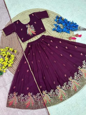 Wine Georgette Embroidered Lehenga For Kids