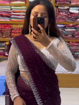 Wine Georgette with Thred Sequnce work Designer saree