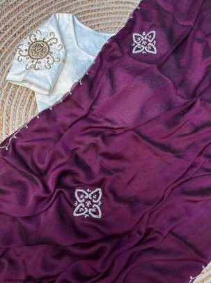 Wine Handcrafted Malai Silk Saree With Handwork Stitched Blouse