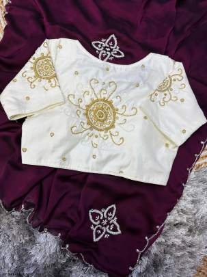 Wine Handcrafted Malai Silk Saree With Handwork Stitched Blouse