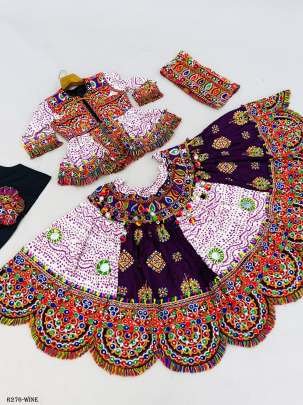 Wine Navratri Traditional 4PC Kids Lehenga Set With Kedia And Cap