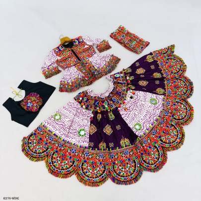 Wine Navratri Traditional 4PC Kids Lehenga Set With Kedia And Cap