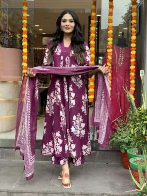 Wine New Launching Beautiful Pure Cotton Three Piece Suits Set
