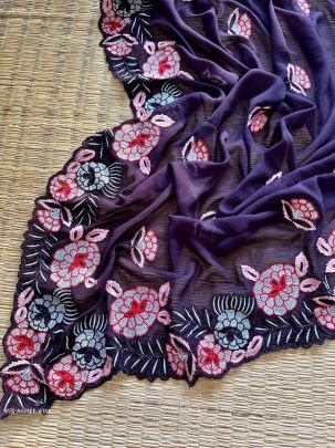 Wine Party Wear Anniee Embroidery Work Georgette Saree