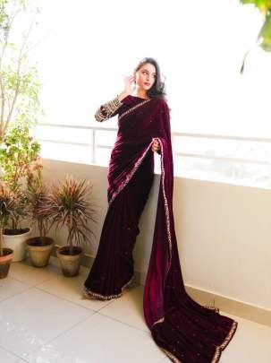 Wine Party Wear Heavy Embroidery Work Pure Velvet Saree