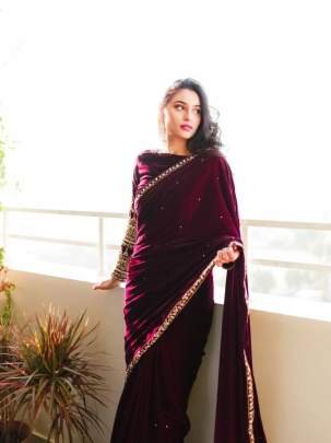 Wine Party Wear Heavy Embroidery Work Pure Velvet Saree