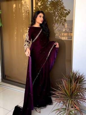 Wine Party Wear Heavy Embroidery Work Pure Velvet Saree