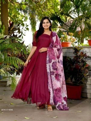 Wine Plain Readymade Tebby Silk Gown With Printed Dupatta