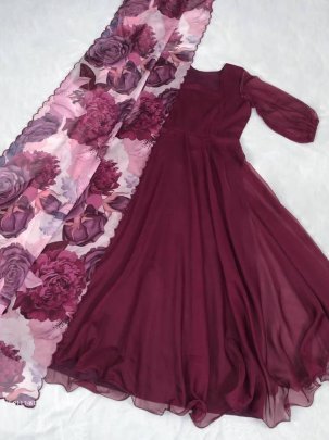 Wine Plain Readymade Tebby Silk Gown With Printed Dupatta