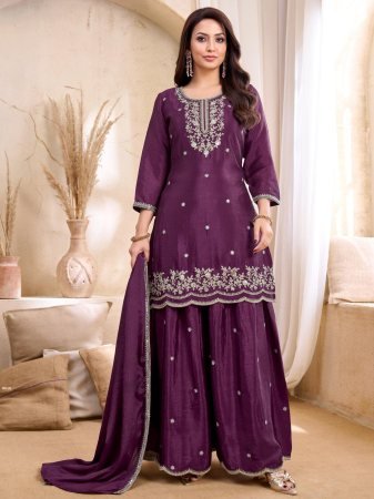 Wine Premium Chinon Embroidered Palazzo Suit