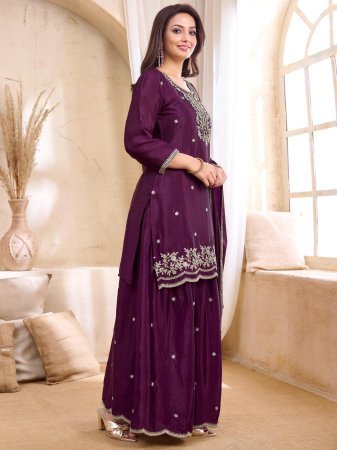 Wine Premium Chinon Embroidered Palazzo Suit