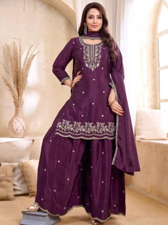 Wine Premium Chinon Embroidered Palazzo Suit