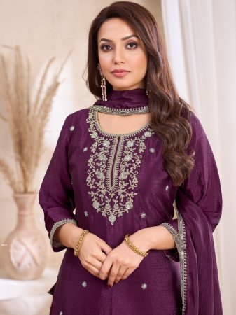 Wine Premium Chinon Embroidered Palazzo Suit