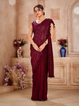 Wine Ready To Wear Saree with Sequence Blouse-108152 C