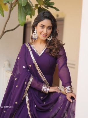 Wine Readymade Sequins Faux Blooming Gown with Dupatta