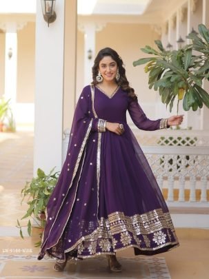 Wine Readymade Sequins Faux Blooming Gown with Dupatta