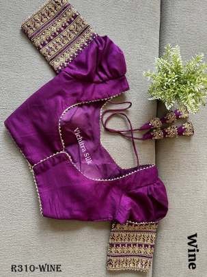 Wine Readymade Vichitra Silk Blouse With Puff And Gota Less