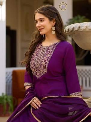 Wine Soft Rayon Embroidery Kurti Pant Dupatta Set