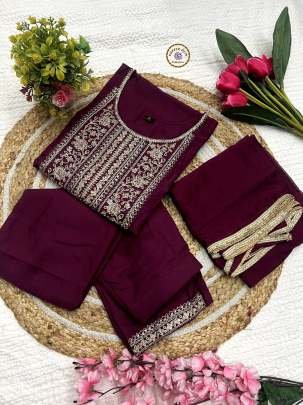 Wine Soft Rayon Embroidery Kurti Pant Dupatta Set