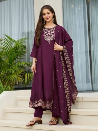 Wine Vichitra Silk Embroidered A-Line Kurta with Pant And Dupatta Sets
