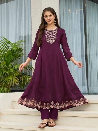 Wine Vichitra Silk Embroidered A-Line Kurta with Pant And Dupatta Sets